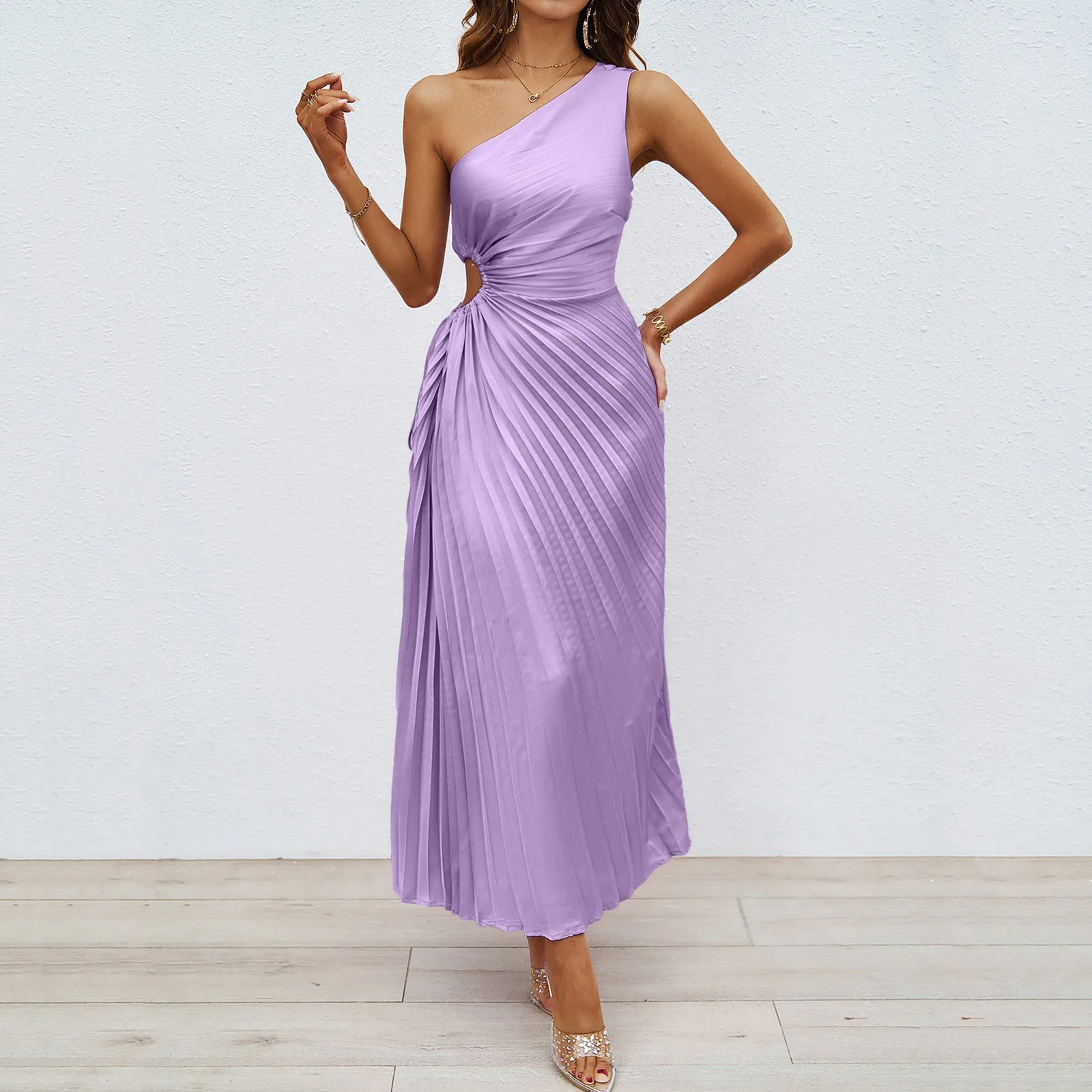 Sexy Dress One Shoulder Hollow Out Asymmetric Female Solid Color Slim Fit Evening Dress Elegant Slant Collar Pleated Beach Dress