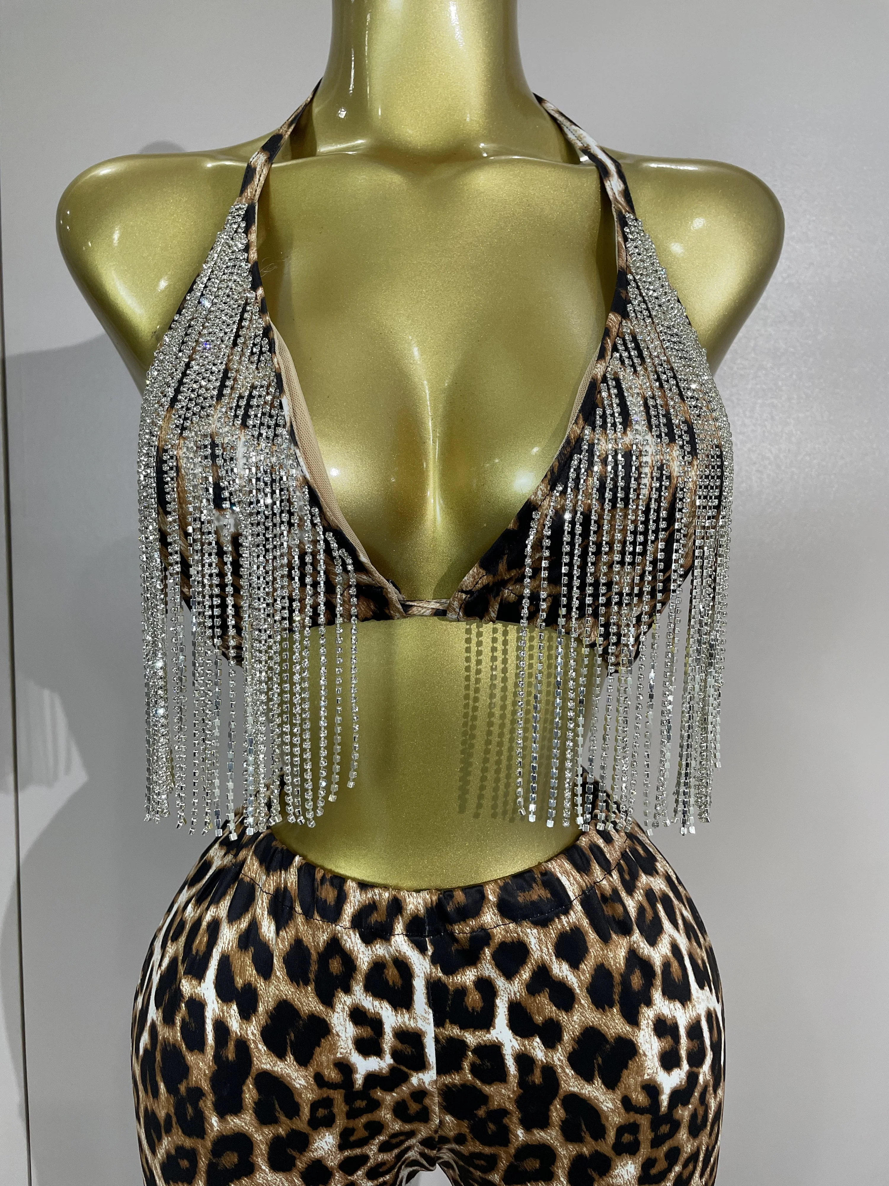 Sparkly Rhinestones Chains Leopard Print Bikini Top Pants Two Pieces Set Sexy Eveing Party Birthday Nightclub Dancer Stage Wear