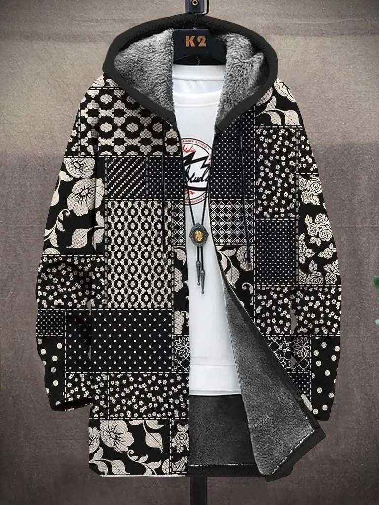 Men's Ditsy Floral Polka Dot Geometric Pattern Print Hooded Trench Coat Unisex Thick Warm Jacket