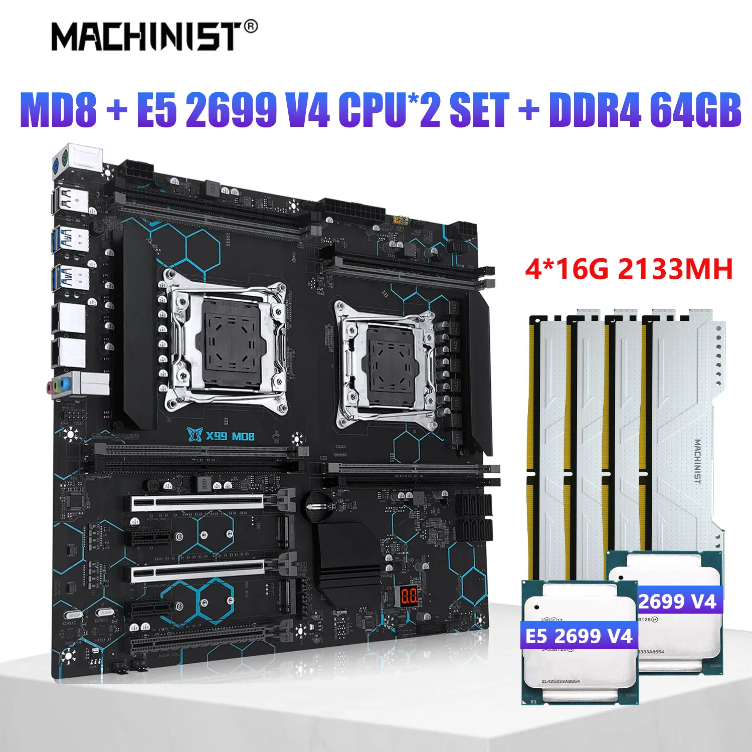 MACHINIST X99 dual CPU Motherboard Set Kit Xeon LGA 2011-3 E5 2699 V4  processor +  64gb 8-slot  DDR4 RAM memory MD8 Combo E-ATX