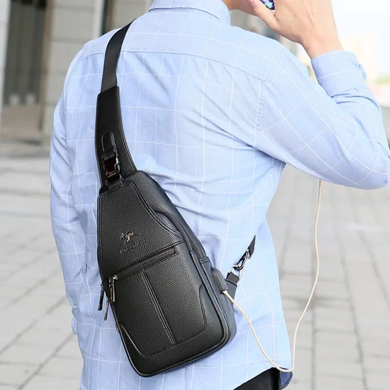 Bolsa de peito crossbody de couro para homens, bolsa portátil, grande capacidade, carregamento USB, multifunções, negócios, masculino