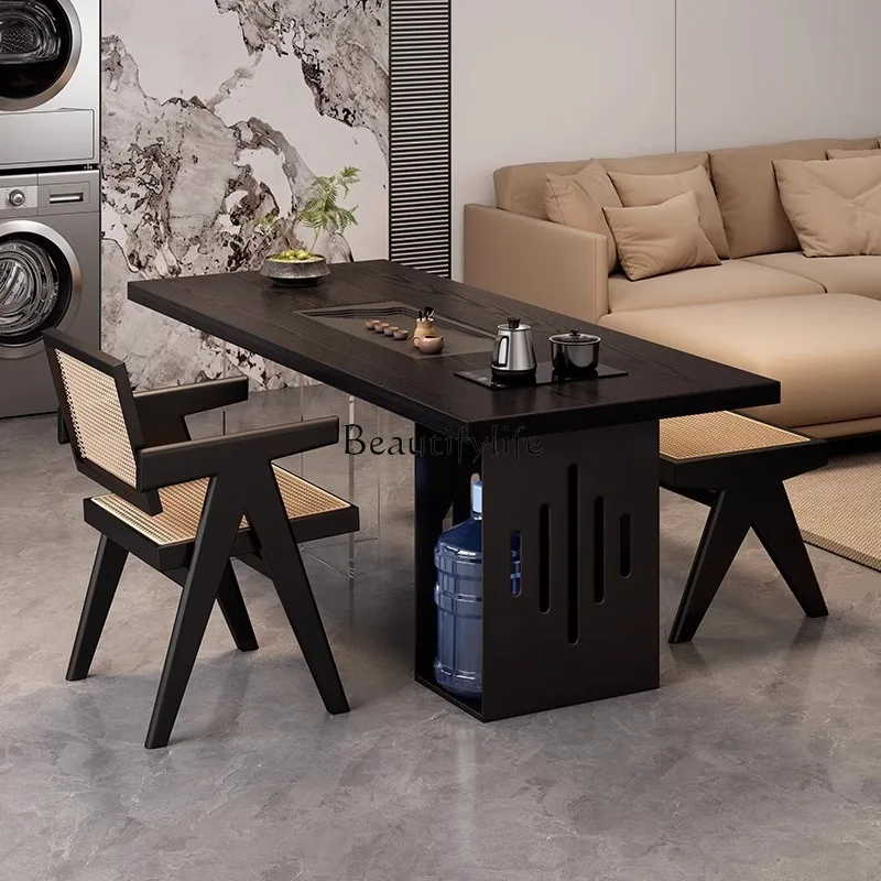 

01Solid wood balcony tea table Modern simple tea table Advanced sense kettle integrated