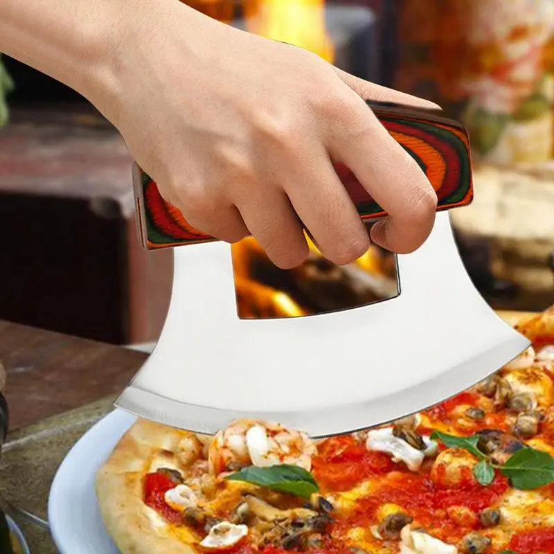 Ulu Pizza Cutter Chef Mezzaluna Ulu Cutter Ergonomic Anti-Slip Handle Stainless Steel Alaskan Ulu Cutter With Wooden Stand For