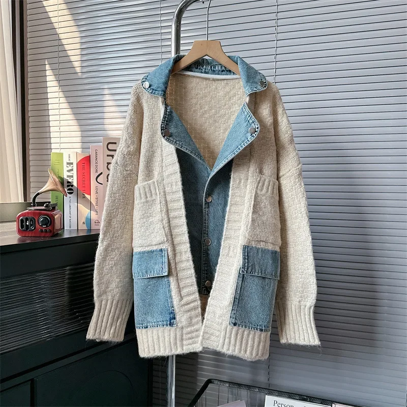 

Women Cardigan Knitted Sweaters Full Sleeve Coats Jumpers Turn Down Collar Elegant Splice Autumn Winter Denim Open Stitch