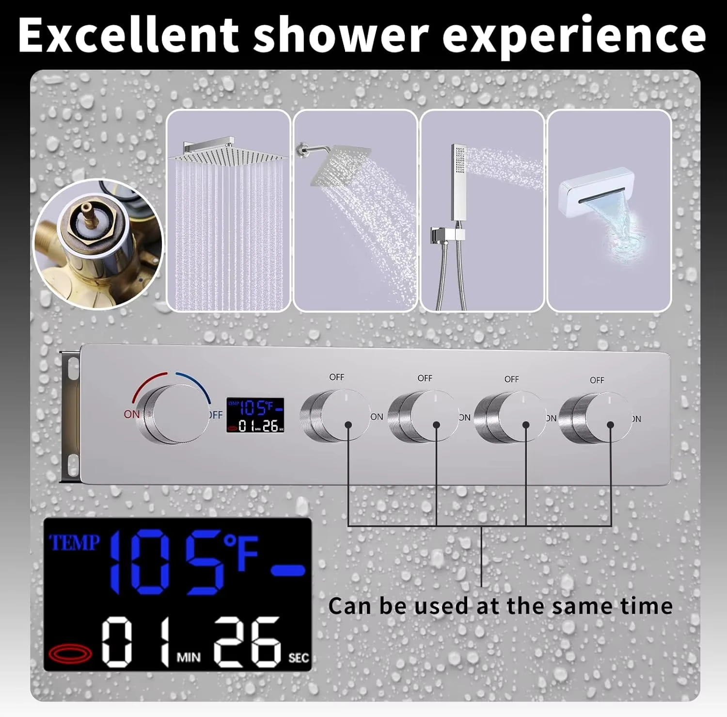 Thermostatic Rainfall Jet Shower System Temperature Display Polished Chrome Finish Modern Rectangle Design Wall Mount Shower