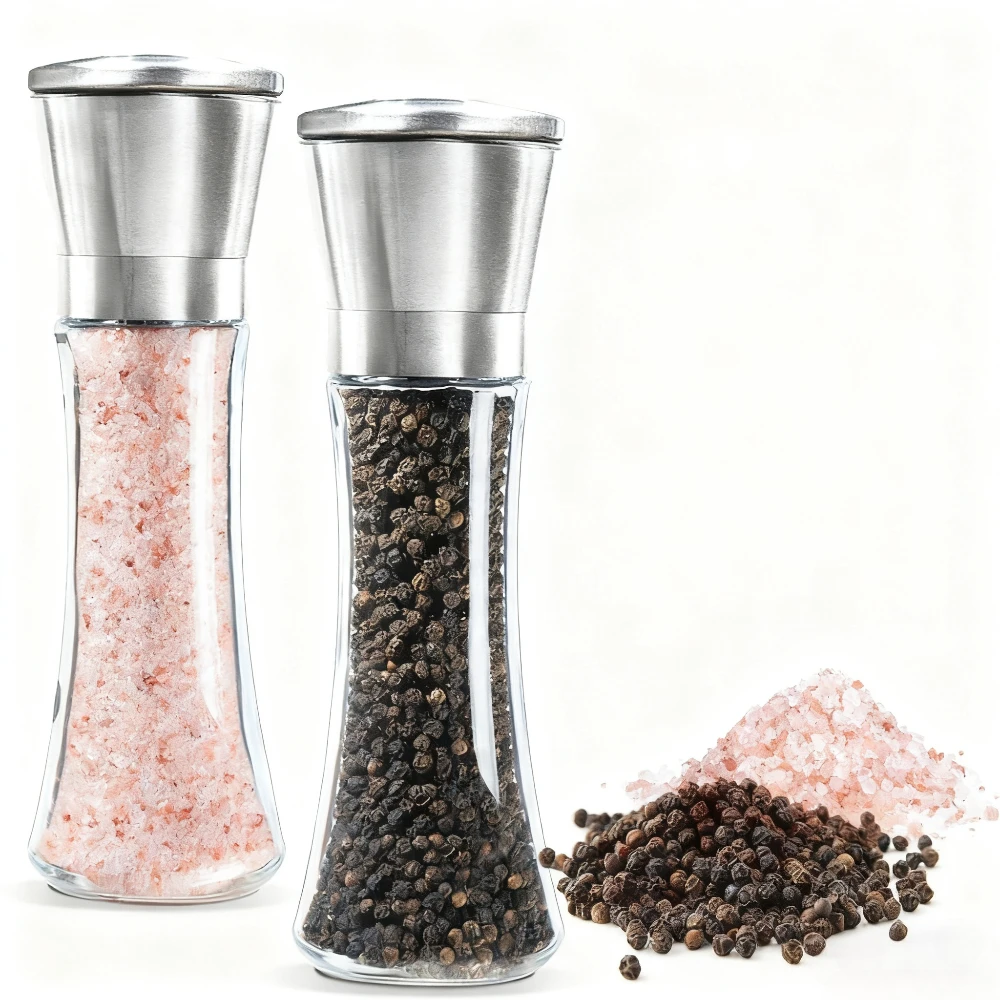 

Stainless Steel Salt and Pepper Grinder Set with Stand Adjustable Coarseness Pepper Mill Manual Grinders Shakers Kitchen Tools