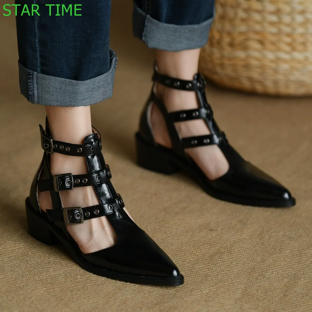 

Genuine Leather Hollow Roman Sandal 2024 Summer Pointed Belt Buckle Zip Thick Heel Sandals Black/beige Fashion Women Sandals