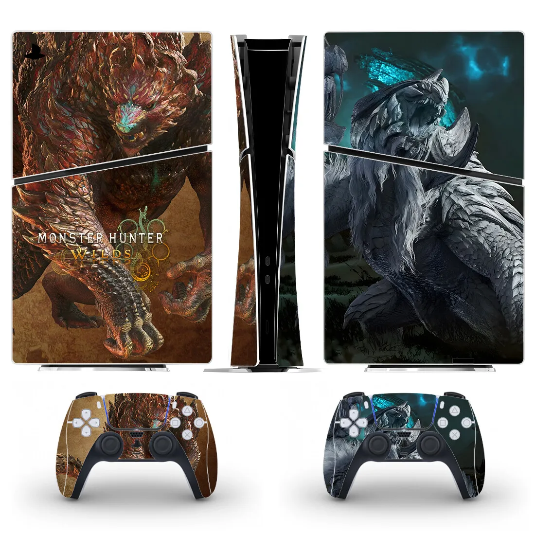 غطاء لاصق جلدي رقمي نحيف من Monster Hunter Wilds PS5 الجديد لوحدة التحكم و2 وحدات تحكم جديدة من الفينيل النحيف PS5