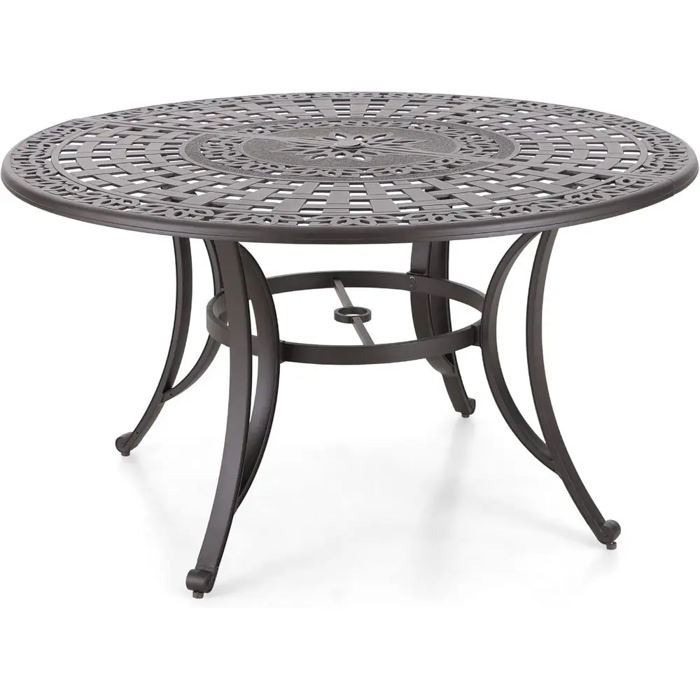 

Outdoor Dining Table 6-Person Round Cast Aluminium, Patio Bistro Table with 2.2" Umbrella Hole or Porch Backyard, Bronze