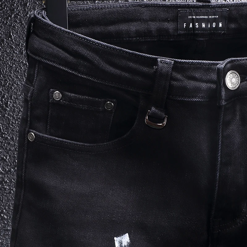 Street Designer Fashion Men Jeans Retro Black Gray Stretch Slim Fit Patched Ripped Jeans Men Painted Vintage Denim Pants Hombre