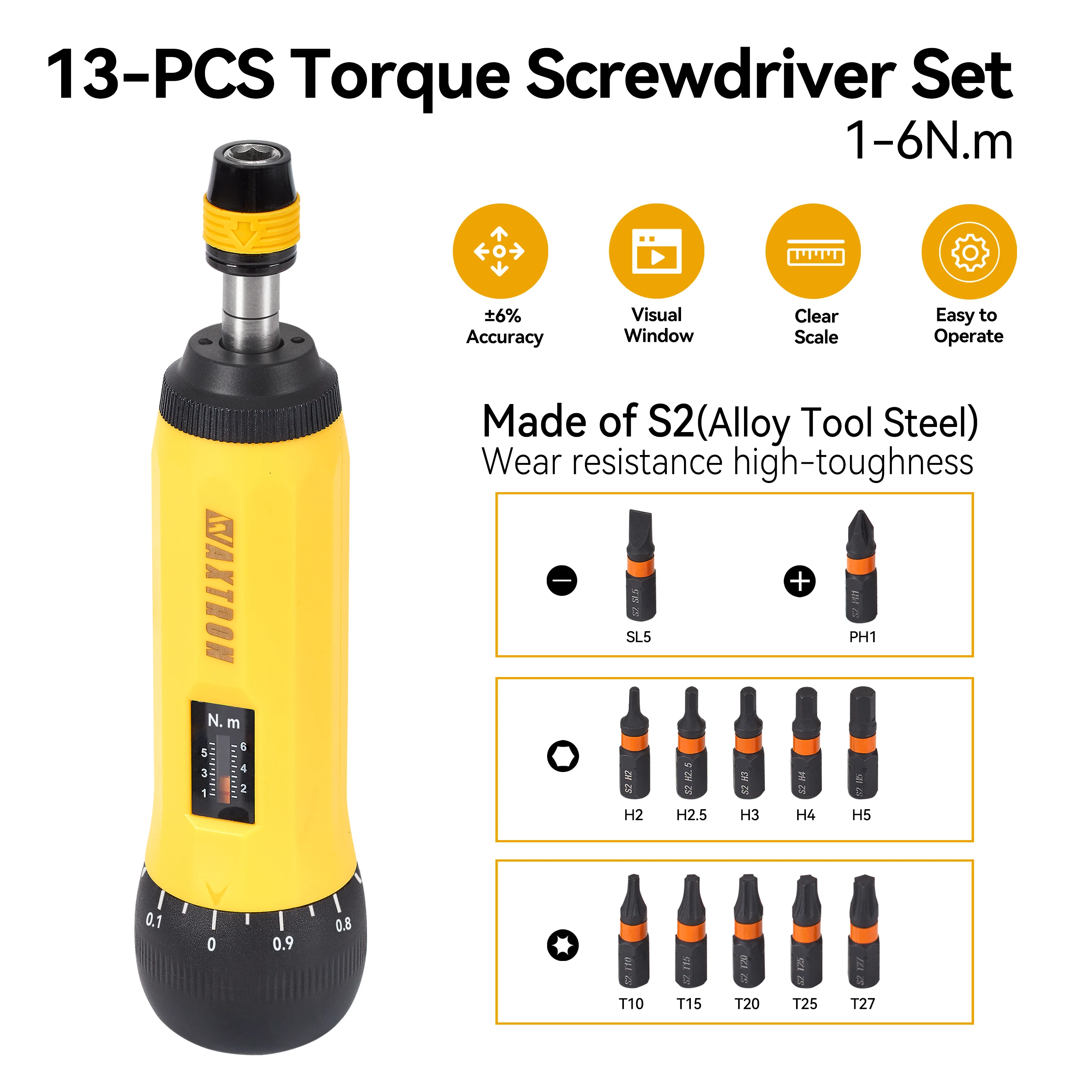 

Waxtron Torque Screwdriver 13PCS Hand Tool 1-6N.m Professional Torque Wrench Screwdriver Set For Tool Repair & Bike Maintenance