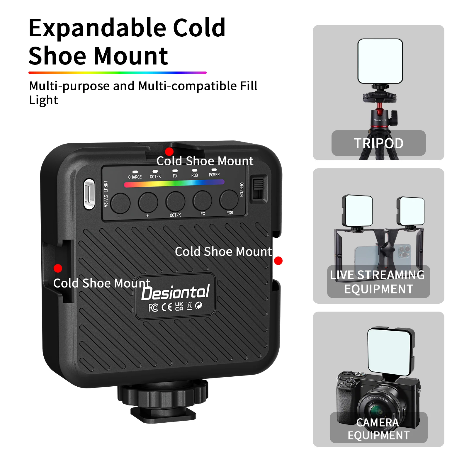 Luz de vídeo Desiontal RGB Luz de cámara LED 360 ° Lámpara de panel regulable CRI 95+ 3000-6500K a todo color con 3 zapatas frías 1500mAh