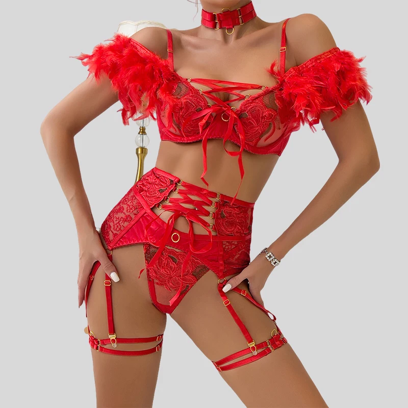 

Toucheart Lencerias красный кружевной комплект сексуального нижнего белья полые сексуальные вышитые перья комплект из пяти предметов сексуальные подвязки нижнее белье костюм новый
