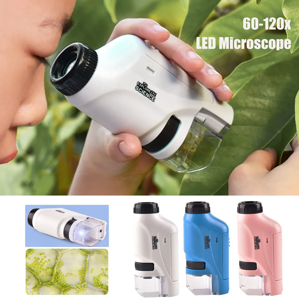 60-120x Lab Mini Pocket Microscope Handheld Microscope Children Science Microscope With LED Light Kids Outdoor Microscope