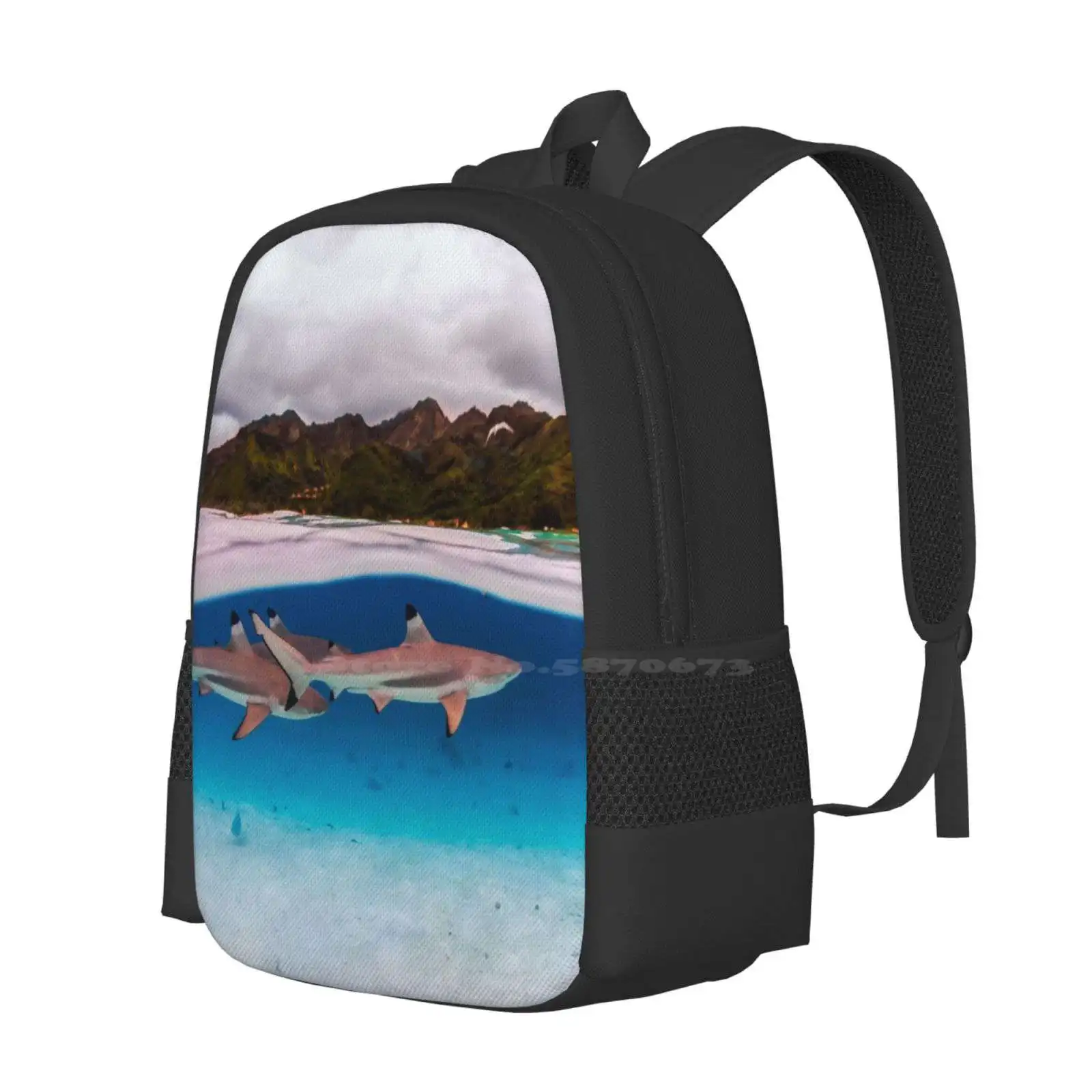 Reef Shark Hot Sale Schoolbag Backpack Fashion Bags Shark Tahiti Moorea French Polynesia Underwater Over Blue Resort Island