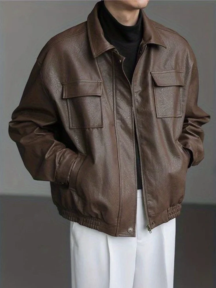 

High Quality PU Leather Cargo Jacket Loose Fit Motorcycle Retro Style Unisex Jacket for Spring Autumn Wear​