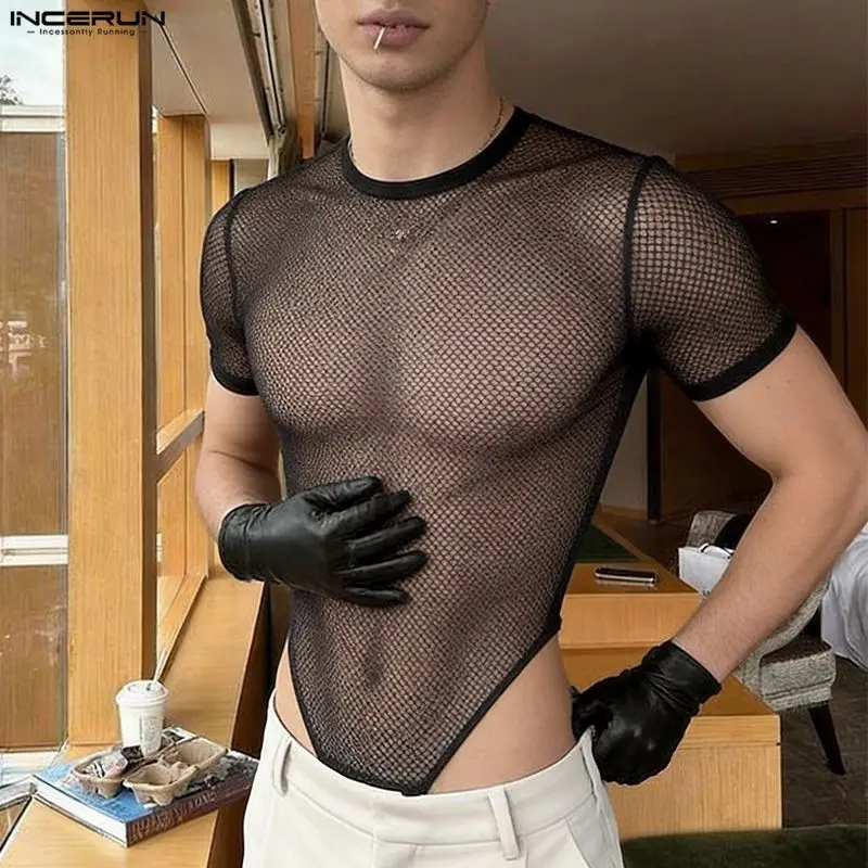 

INCERUN Men Bodysuits Solid Color Mesh See Through O-neck Male Rompers Playsuits Streetwear Short Sleeve Sexy Bodysuit For Man