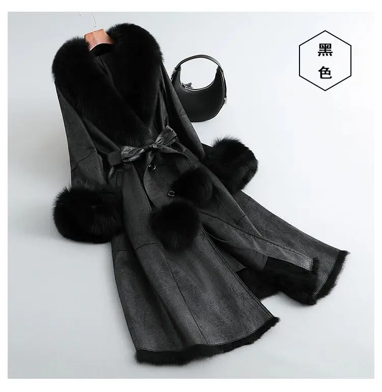 2023 New Rabbit Fur One Piece Coat for Women Mid length Fox Fur Collar Lace up Slim Fit Haining Fur Coat for Women