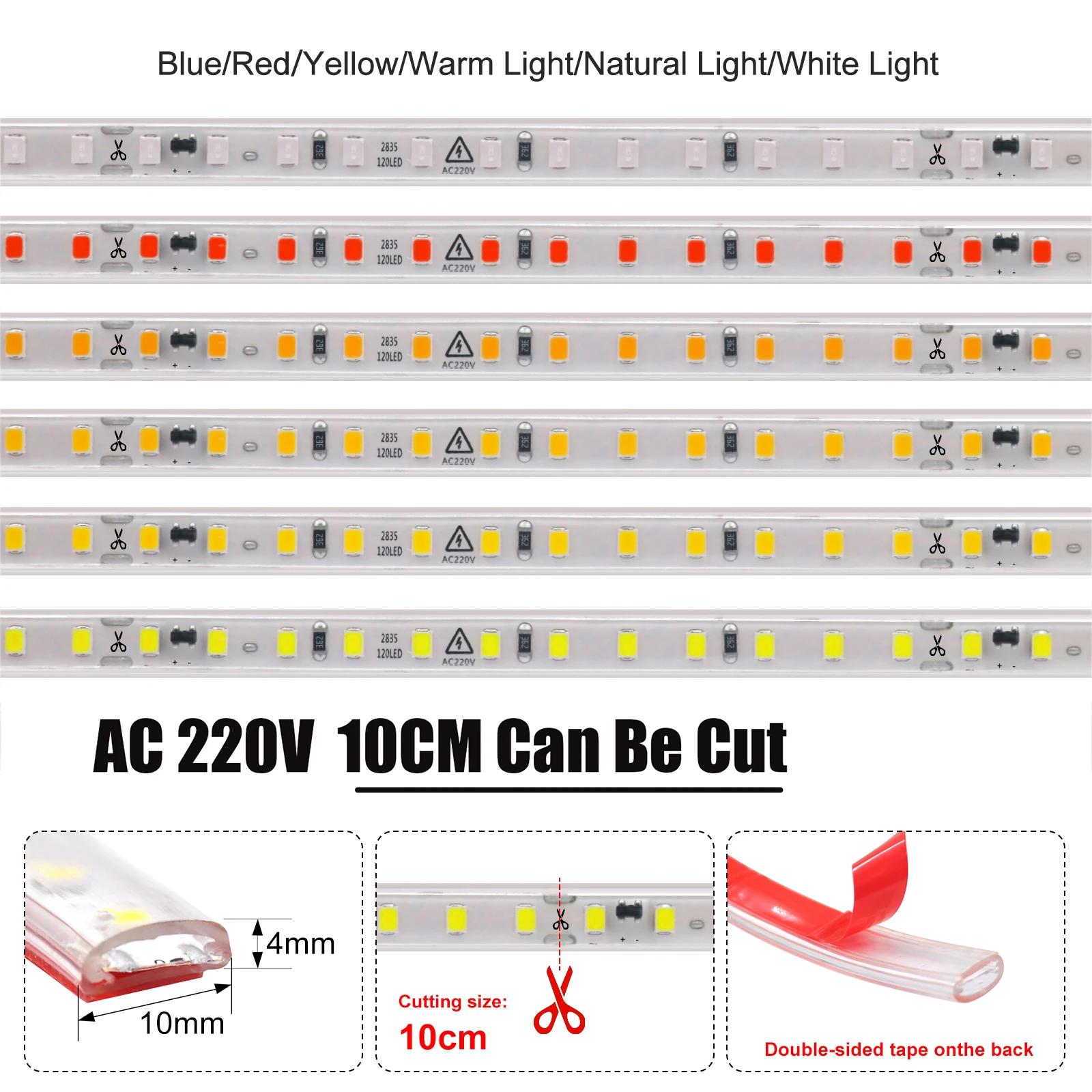 AC 220V Dimmerable LED Strip Waterproof 2835 White/Green/Red/Blue/Pink/Yellow Home Decor Self Adhesive Flex Ribbon Tape Light