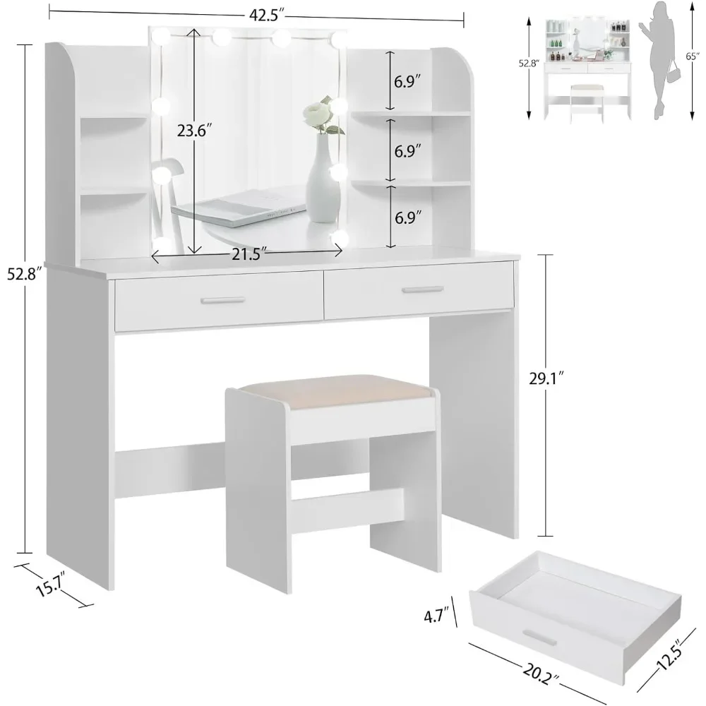 Vanity Desk with Mirror & Lights, 6 Storage Shelves & Stool, Bedroom Dressing Vanity Table with 3 Color Light Adjustable, White