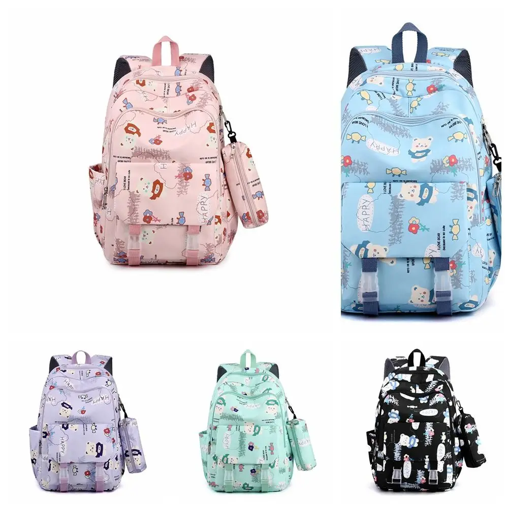 Oxford Large Capacity Backpack Solid Color with Pencil Case Korean Style School Bag Bear Printing Pattern Casual Knapsack Girls