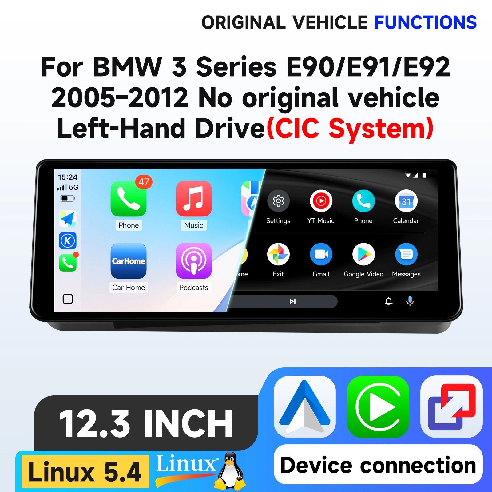 Hizpo 12.3'' Draadloos CarPlay Android Auto Multimedia Scherm voor BMW 3 Serie E90/E91/E92 2005-2012 Geen origineel voertuig Linksgestuurd Touchscreen Airplay Autoradio Speler Stereo GPS Navigatie