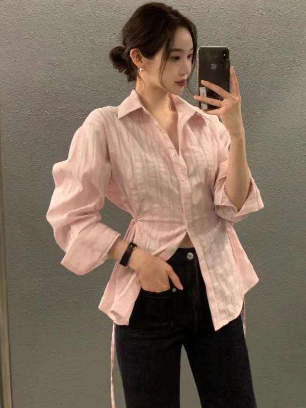 

Chic Summer Sweet Personali Turn-down Collar Belted Slimming Color Blo Striped Long Sve irt Women's Top Collar