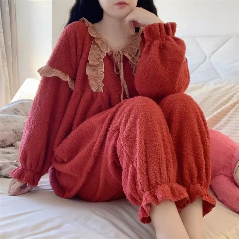 New Autumn Winter Pants Coral Velvet Net Red Thick Warm Home Clothes Large Size Two-piece Set Can Be Worn Outside Pajama Women