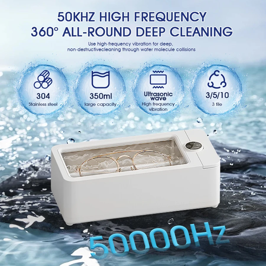 

50KHz Ultrasonic Cleaner 304SS Auto ON/OFF 3/5/10min 350ml Mini Portable for Eyeglasses Jewelry Watch Denture
