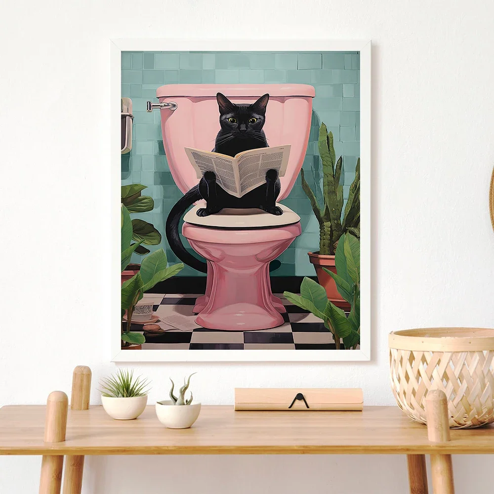 Modern Simple Wall Art Funny Animal Black Cat Cat Reading Newspaper Canvas Print Poster Home Toilet Bathroom Decorative Pictures