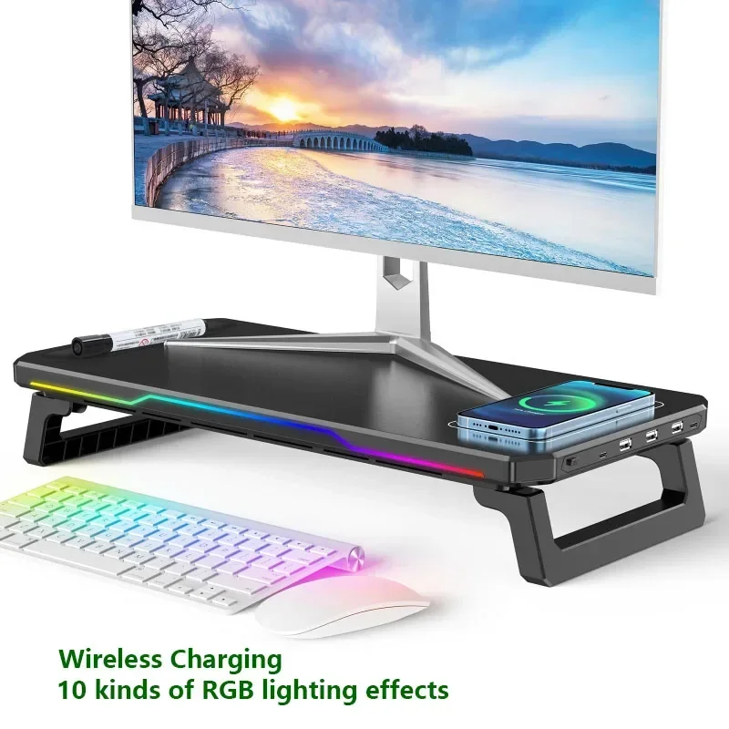 Computer Monitor Riser Stand-9V 2A Wireless Charging Power Input with RGB Lighting&3 USB+1 Type C Output Phone Magetic Charging