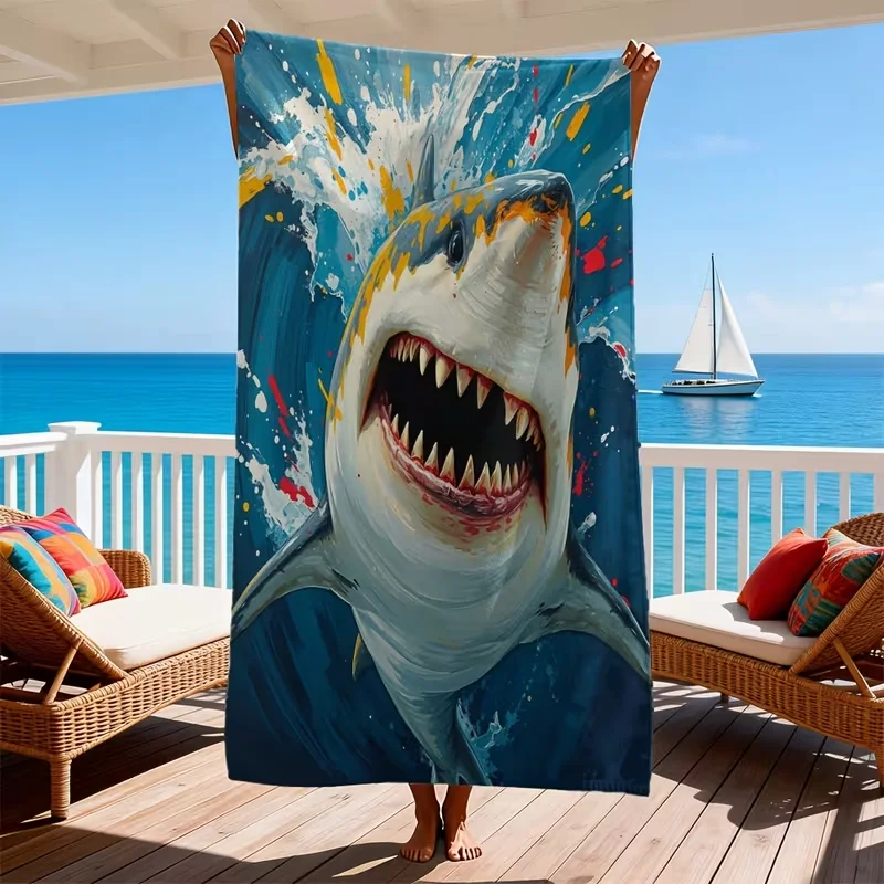 Illustration Style White Shark Beach Towel Splashed Ink Art Print Quick Dry Sandproof Absorbent Towel for Beach Summer Vacation