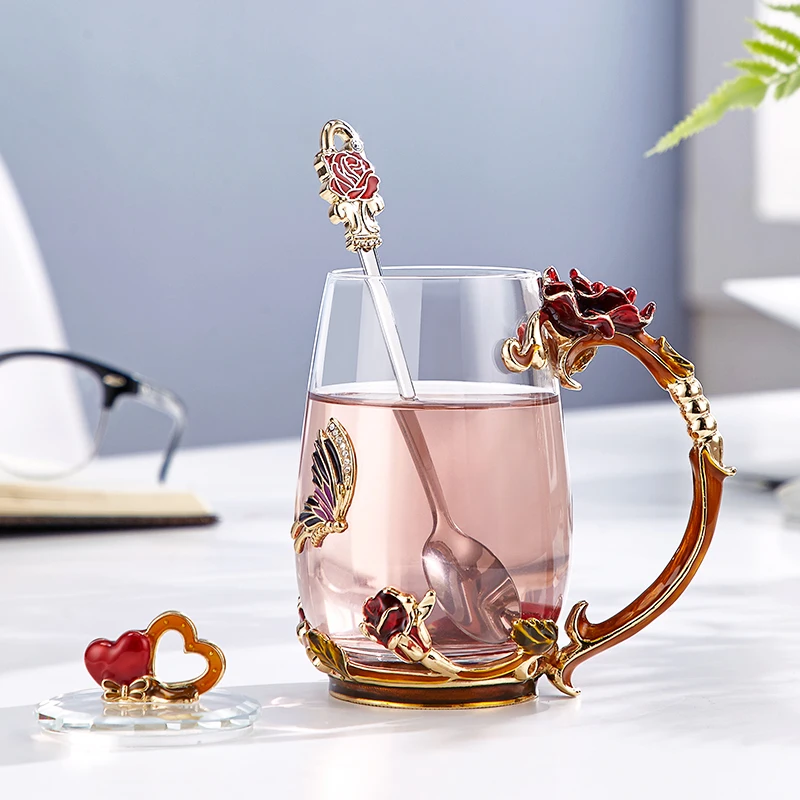 Enamel transparent glass bubble tea water cup women's household exquisite gift box with lid