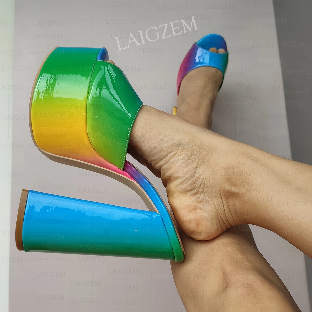 LAIGZEM Women Pumps Rainbow Colors Platform Peep Toe Chunky Thick High Heels Sandals Handmade Shoes Woman Big Size 39 43 45 52