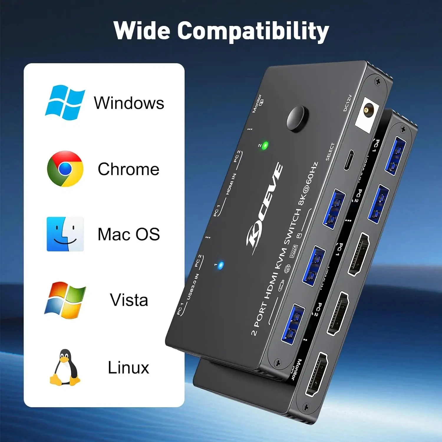 KCEVE USB 2024 KVM Switch 8K @ 60Hz 4K @ 3.0Hz dengan 3 USB3.0 Switch untuk 2 komputer yang berbagi 1 Monitor Keyboard Mouse 120