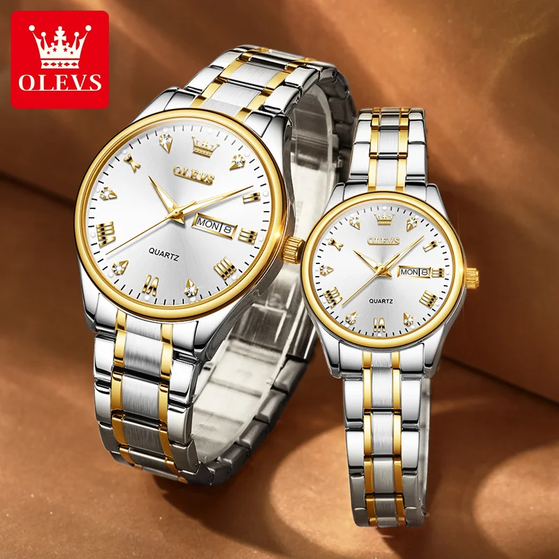 OLEVS-Ensemble de montre à quartz doré de luxe pour hommes et femmes, montre-bracelet étanche pour couple, horloge en acier inoxydable, montres pour dames, marque supérieure