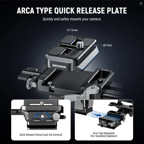Imagen 2 del producto NEEWER Placa de batería plegable con montaje en V con placa base de cámara de liberación rápida tipo Arca para cardán RS3 RS4 y plataforma de vídeo de cámara con trípode