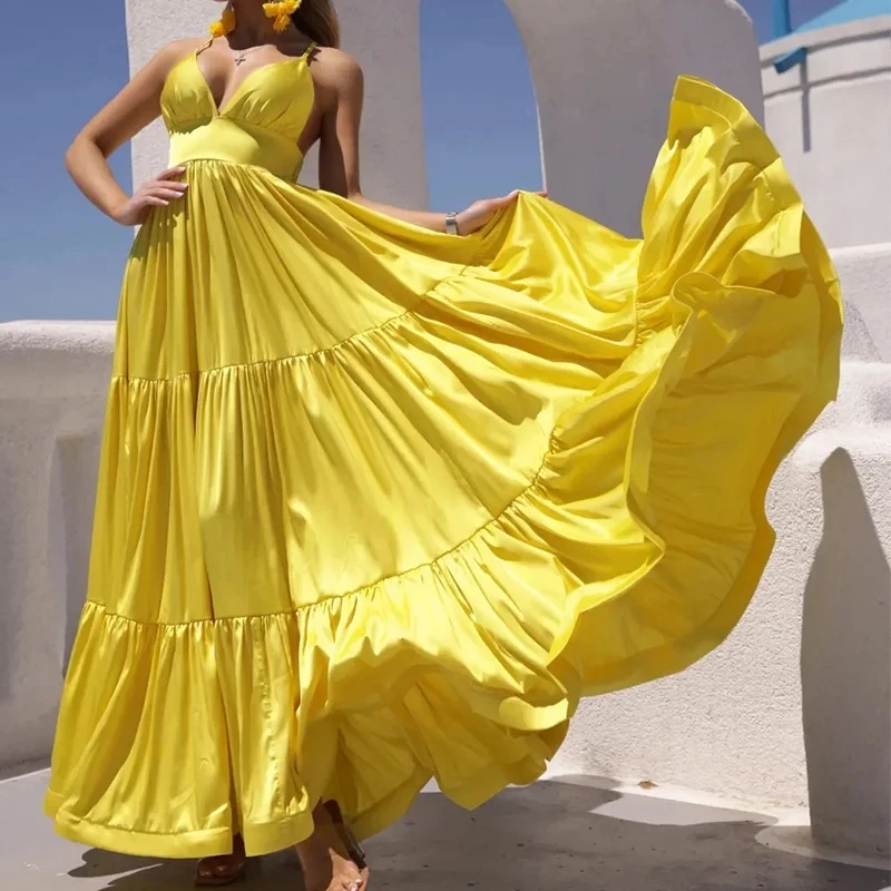 

Lady Banquet Simple Pleated Dresses Sexy V-neck Halter Sleeveless Evening Dress Elegant High Waist Solid Color Swing Maxi Dress