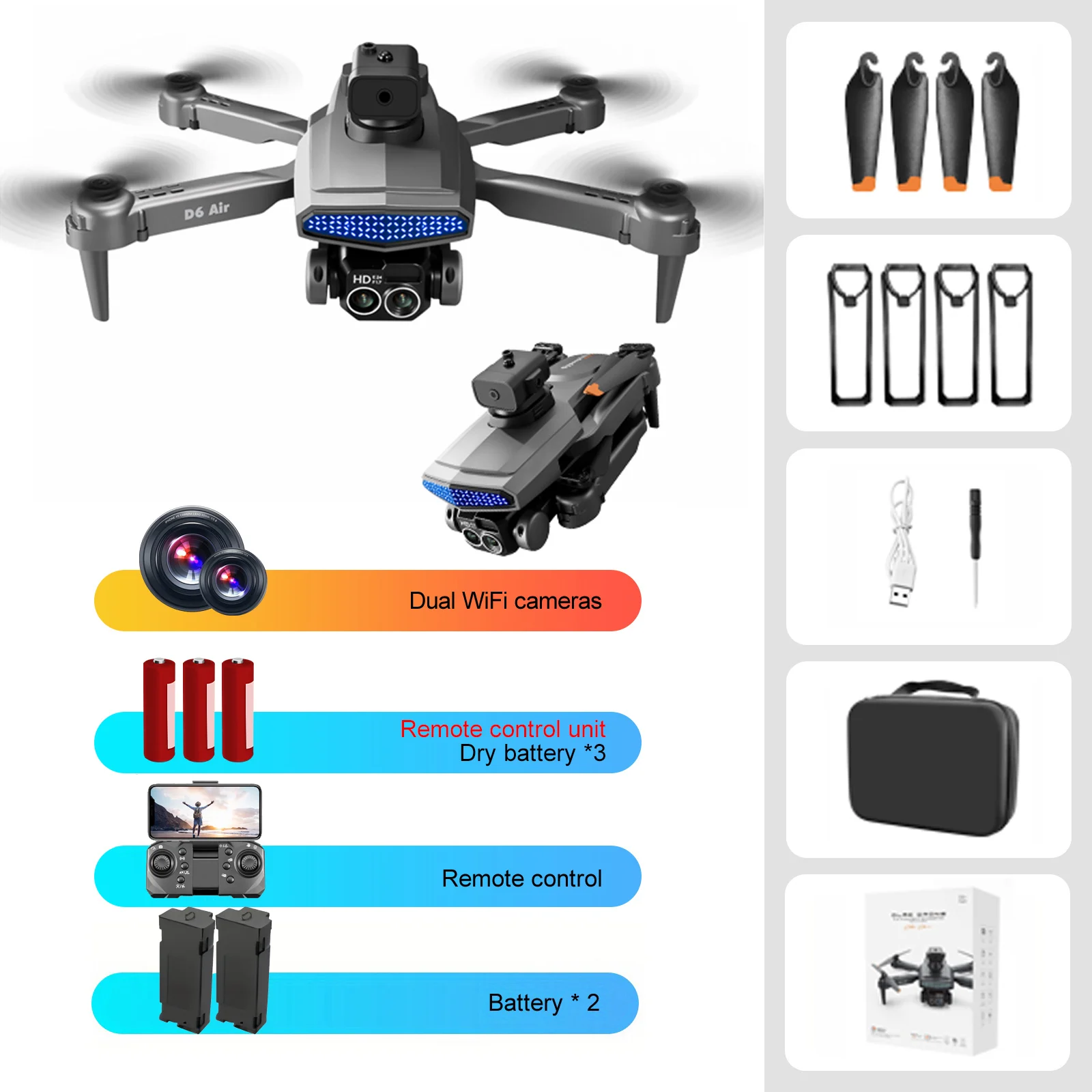 Câmera D6 Air Drone SD Dual ESC, Evitação Inteligente de Obstáculos 540 °, WiFi FPV, Modo Sem Cabeça, Quadcopter Dobrável RC, Brinquedos UAV, Novo