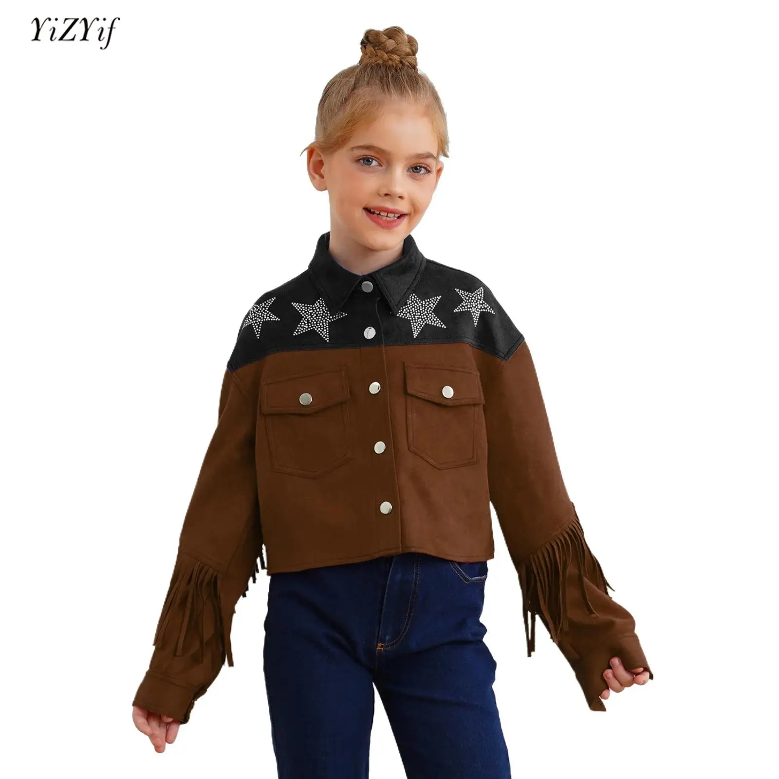 

Kids Girls Western Cowboy Faux Suede Tassels Jacket Coat Spring Autumn Turn-Down Collar Long Sleeve Star Rhinestones Outerwear