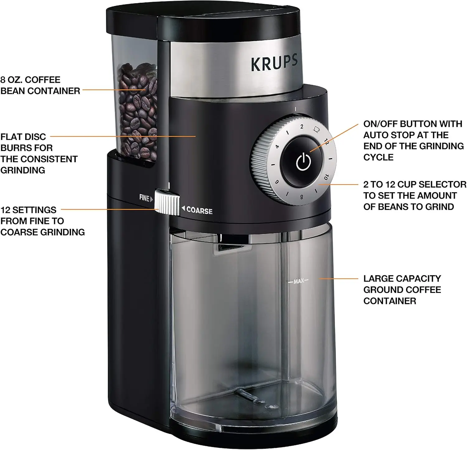 Precision Burr Coffee Grinder: 12 Settings, 8 oz Capacity for Drip, French Press, Espresso, Pour Over, Cold Brew - Stain