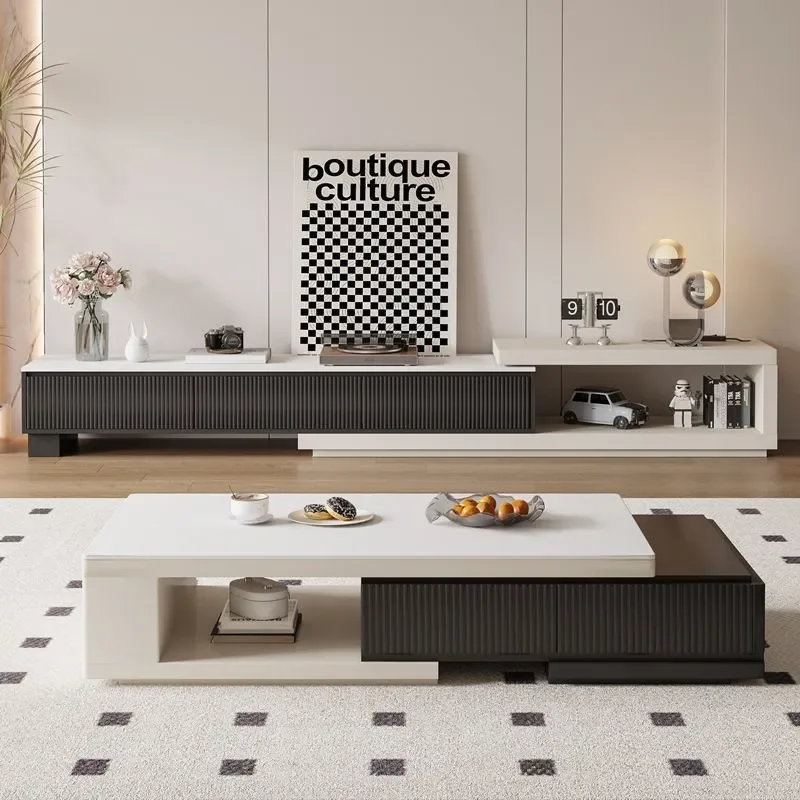 Nordic Minimalist Black White Coffee Table TV Cabinet Modern Retractable Rock Panel Combination for Living Room Home