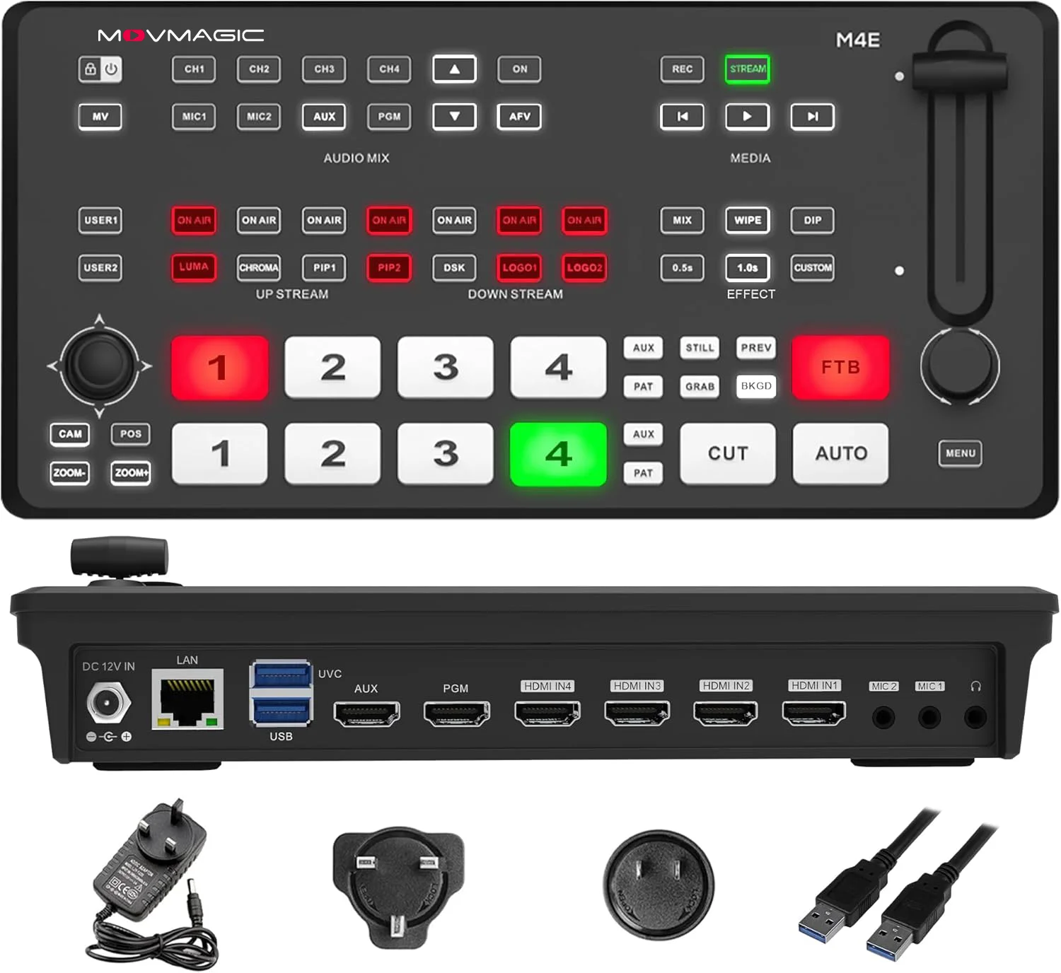 Movmagic M4E 5 Channels 4K HD Video Switcher With PTZ Control Transition Effects LOGO PIP 4 Inputs SDI Output For Live Streaming