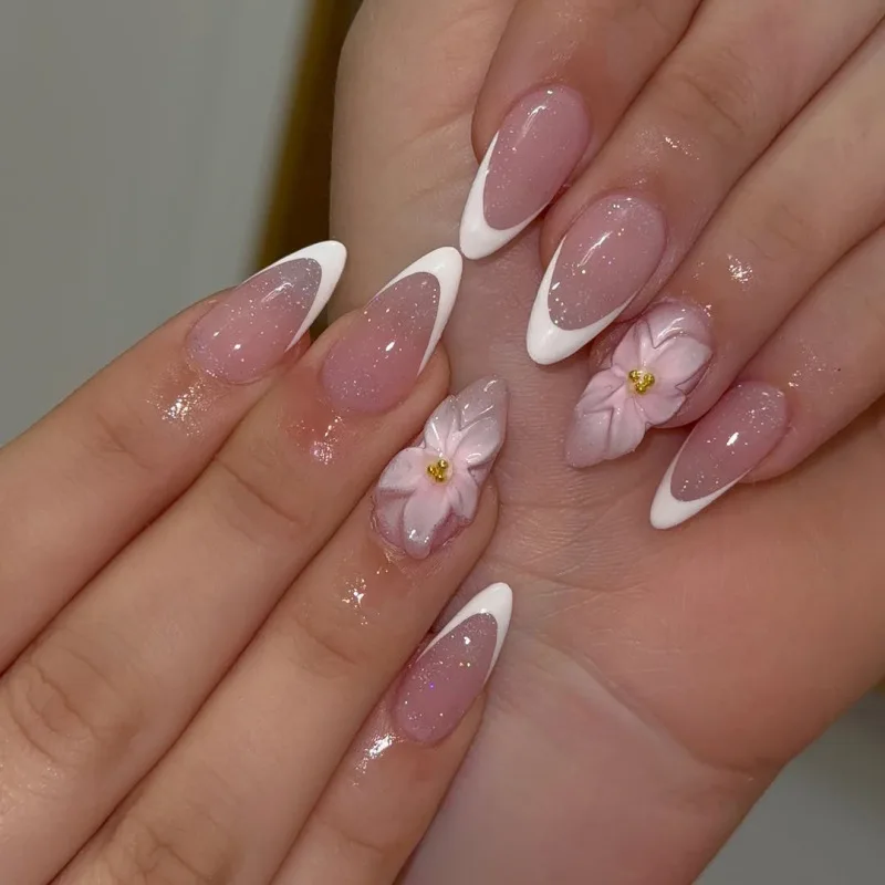 

24PCS Pink Almond Press on Nails Full Cover Carved Flower 3D Ripples French Fake Nails for Women with Golden Pearl Wearable Nail