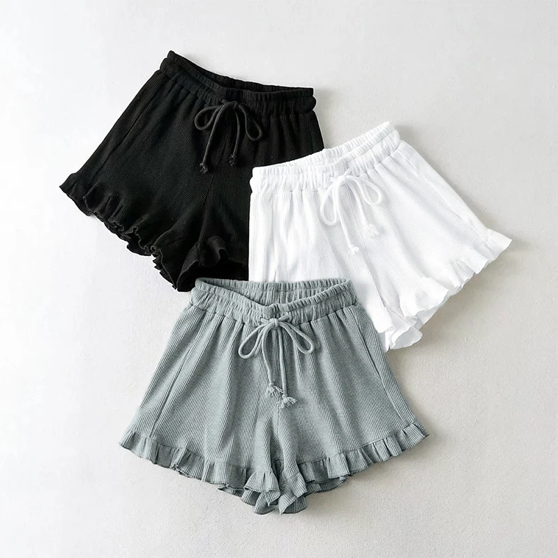 Fashion Japanese Summer Casual Loose Wide-Leg Waffle Ruffle Shorts For Women