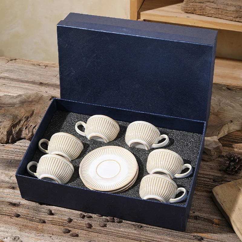 90CC Retro Espresso Cup 6 Cup 6 Plate Set Ceramic Plate Coffee Shop Afternoon Tea Cup Gift Box Wholesale