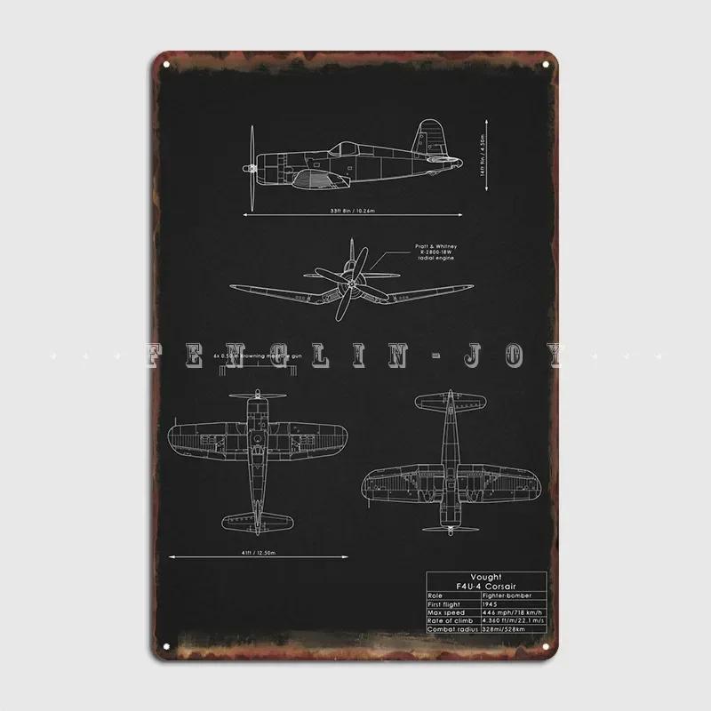 F4u Corsair Blueprint Metal Sign Cinema Kitchen Wall Retro Plaques Tin Sign Posters