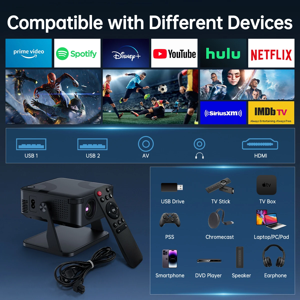 جهاز عرض 650ANSI محمول أصلي 1080P أندرويد 11 تركيز تلقائي وكيستون 4K 360 °   تدوير المسرح المنزلي Airmouse Wifi6 BT5.2