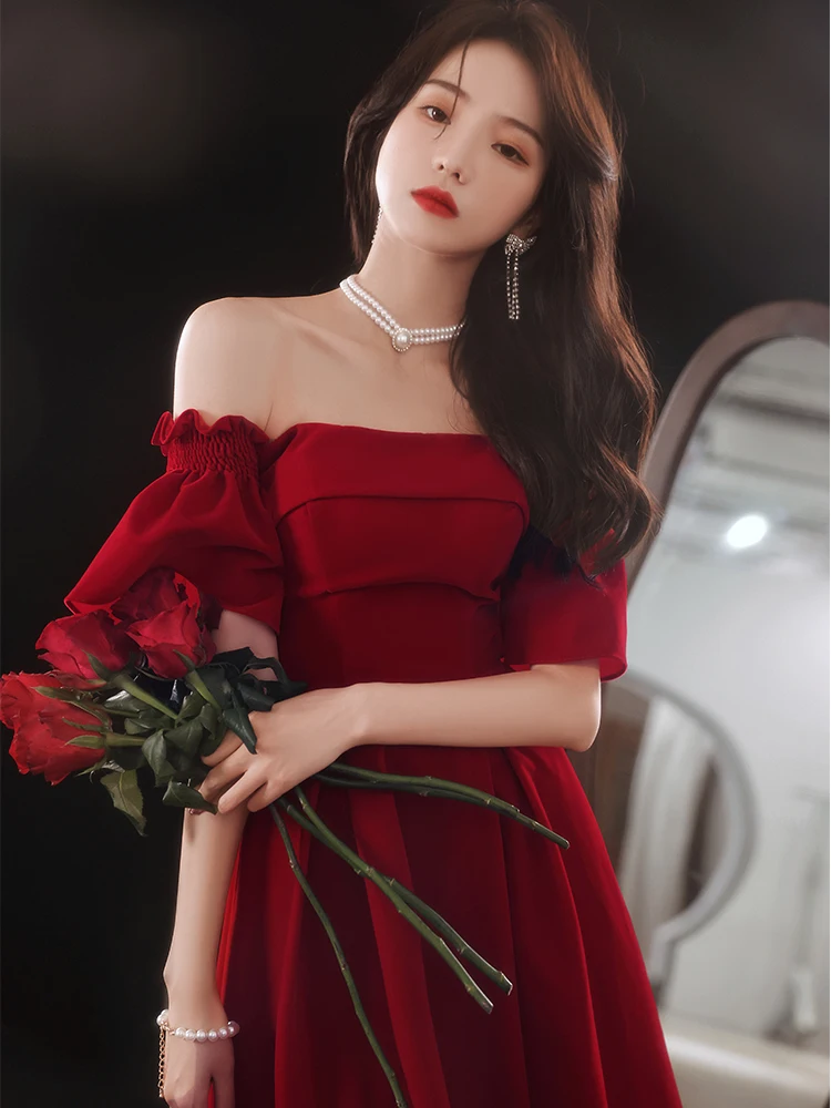 

One-oulder Wedding Dr Red Long Slimming Women's ort Sve Return Home Ceremony Dr Korean Sle Pure Color Bridal Gown