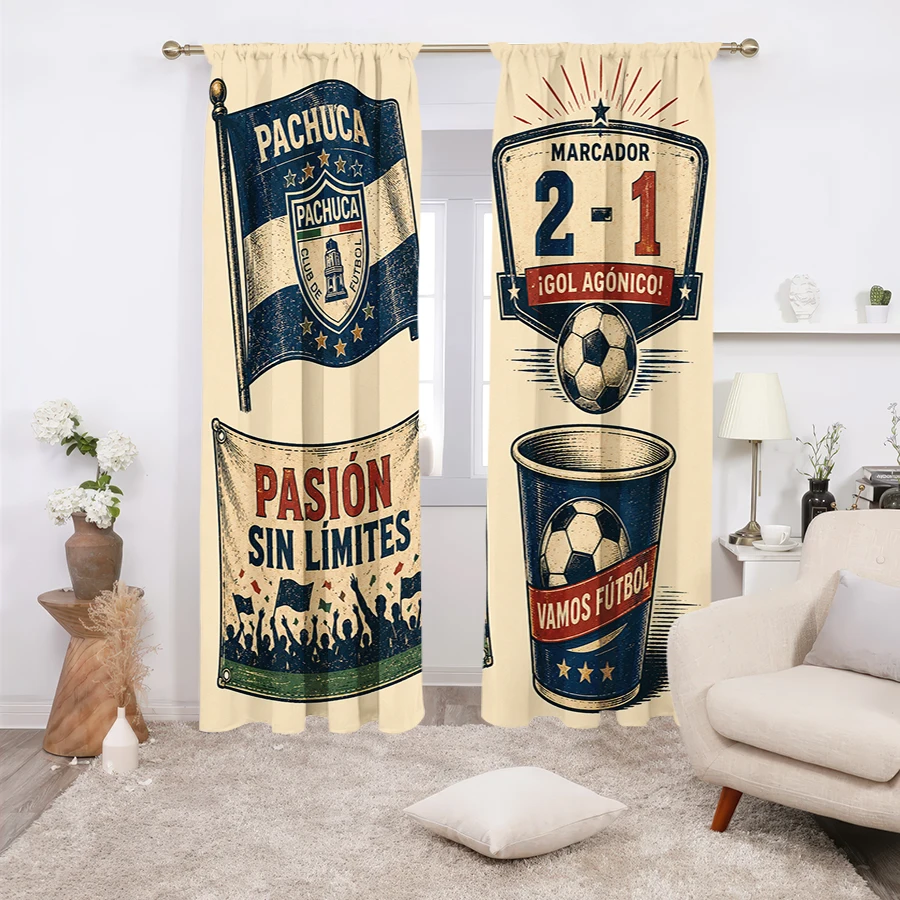 2PCS Curtains, Vintage Pachuca Football Theme Print with Team Flag, Match Score Label, Soccer Ball, Fan Cheering Banner and Foot